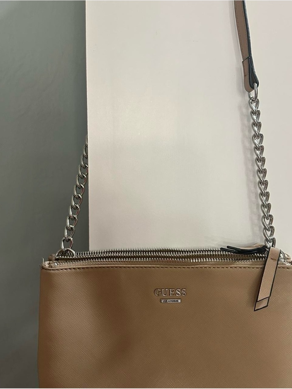 GUESS Tan Crossbody with Silver Chain Strap